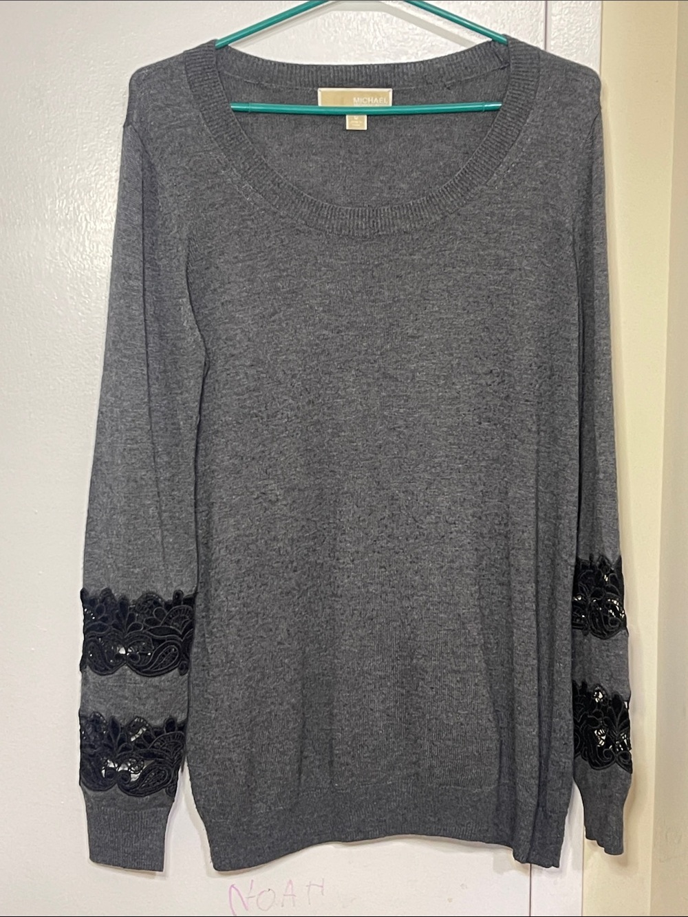 MICHAEL Michael Kors Gray Scoop Neck Sweater with Black Embellished Sleeves
